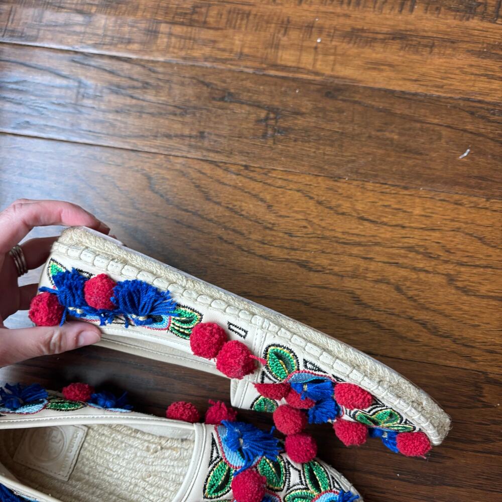 Tory Burch Ellis Pom-pom Embroidered Leather Textile Espadrille Flats Size 8 - Picture 11 of 13